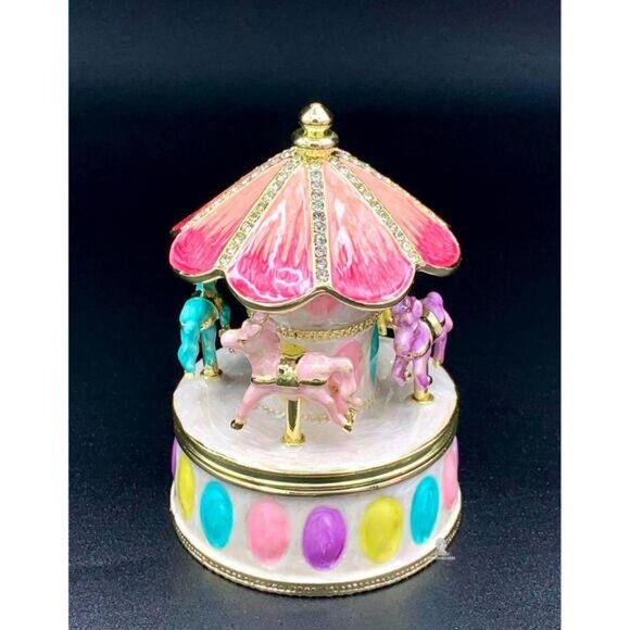 Carousel Trinket Box Pastel Horses Enamel Gold Tone Keepsake Decor